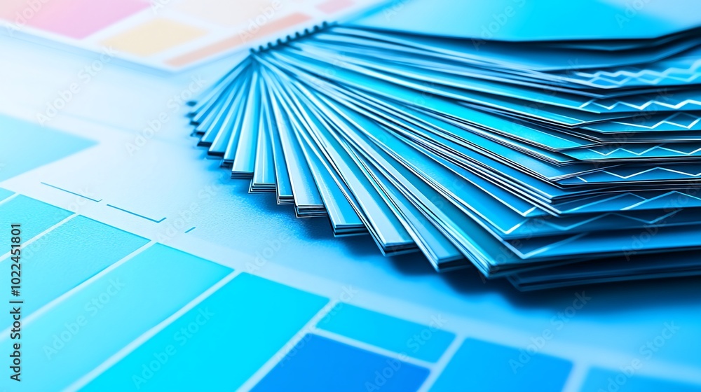 Poster a stack of blue brochures fanned out on a desk with a chart in the background.