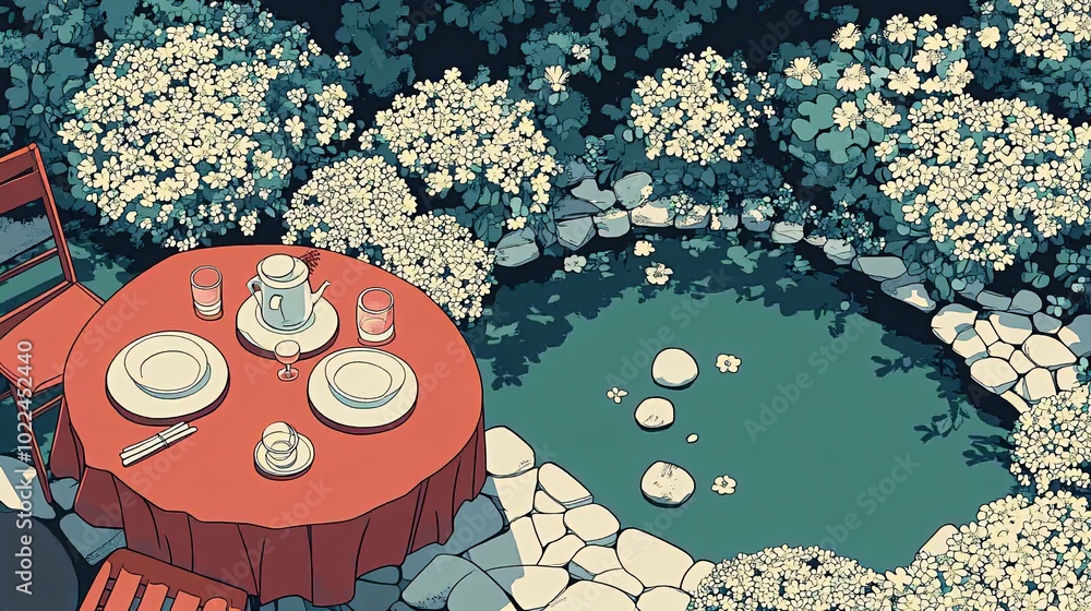 Poster A table set for two in a tranquil garden with a pond.