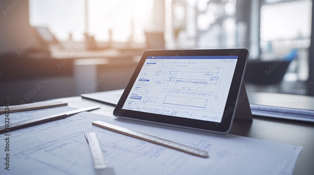 Poster a tablet computer displaying a blueprint on a desk surrounded by other blueprints and a ruler.