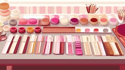 A table full of various makeup products, including lipstick, eyeshadow, blush, brushes and more.