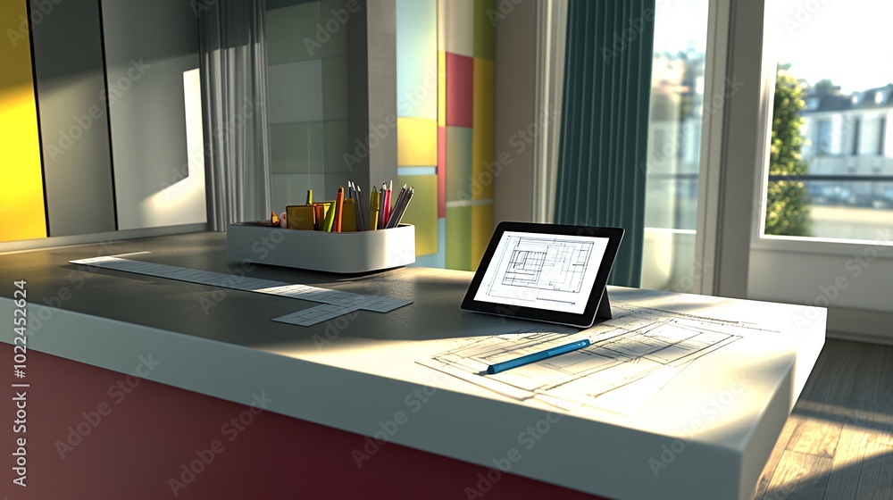 Aufkleber a tablet with a blueprint displayed on the screen, next to a pen and blueprints on a modern desk wit