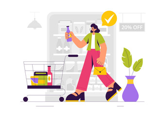 Vector Illustration of a Grocery Store Shelf Stocked with Assorted Food Items and Products for Daily Shopping Needs in a Flat style Background