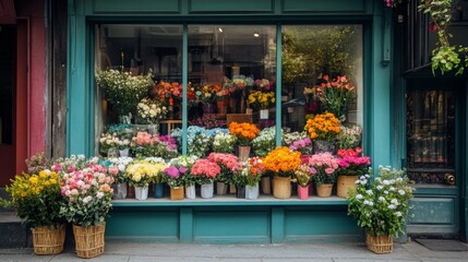 Fototapeta premium Colorful Flower Arrangement Displayed in Front of a Store Window