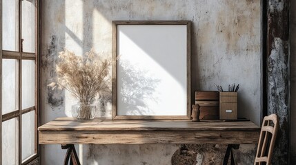 Rustic Workspace with Wooden Desk and Empty Frame