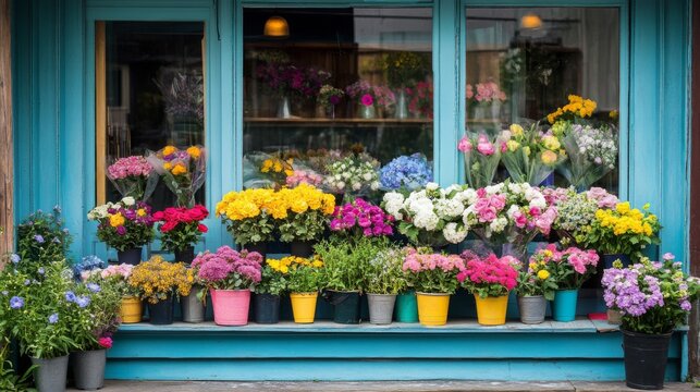 Colorful Flower Arrangements Displayed in Front of a Blue Shop Window - Powered by Adobe