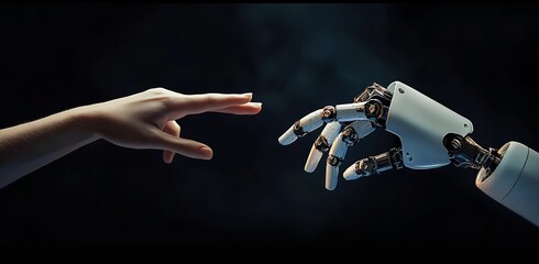Human hand reaching toward AI robot’s touch, symbolizing the connection between humans and technology on a dark contrasting background.