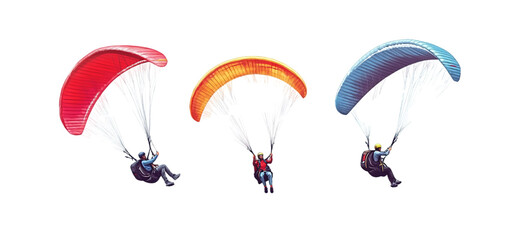 three set of sportsman flying on a paraglider isolated transparent background