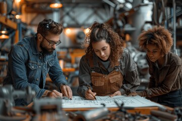 Fototapeta premium Architects and Engineer Collaborating on Blueprints in Modern Office