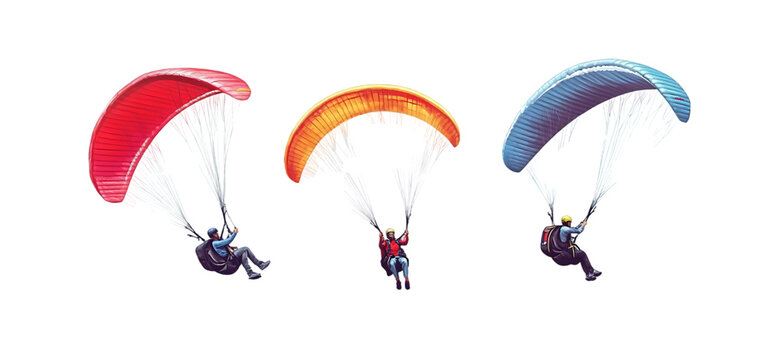 three set of sportsman flying on a paraglider isolated transparent background