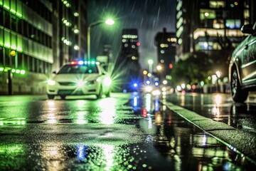 Fototapeta premium Police Lights Reflecting on Rainy City Streets – Urban Emergency Scene