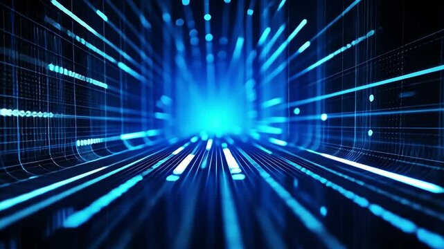 Binary code matrix background, perspective view with depth of field, tech style green illuminated numbers, technology futuristic blue backgrounds