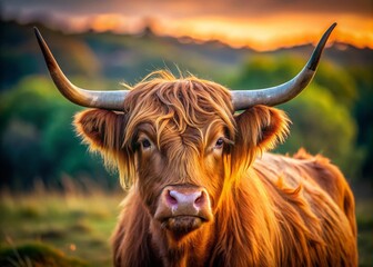 Portrait of a Scottish Highland Cow with Shaggy Reddish Fur and Horns, Nature Photography, Farm Animals