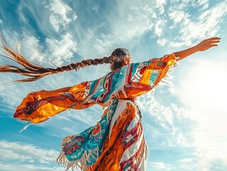 Vibrant Native American Woman Performing Traditional Dance Ritual with Feathered Headpiece Against