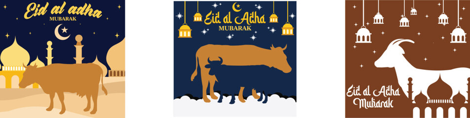 Eid Al-Fitr Mubarak. Happy Eid Al Adha Mubarak with moon goat and cow paper cut effect. Graphic of mosque and goat with glowing lanterns for Eid Al Adha Mubarak. Set flat vector modern illustration