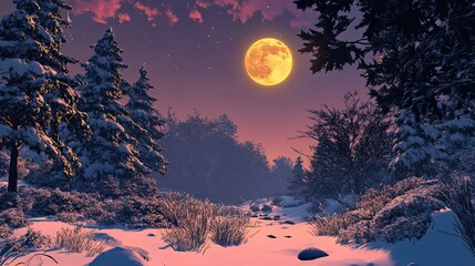 Full Moon Illuminates a Snowy Forest at Night