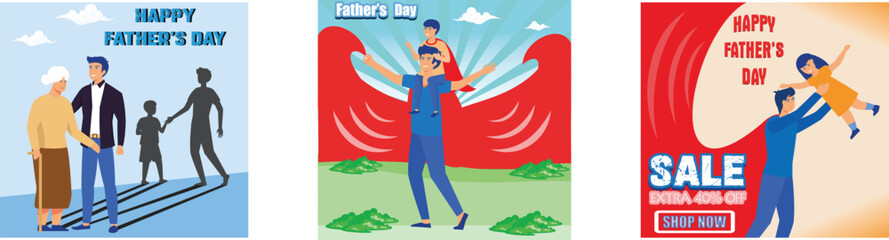 Happy International Father's Day, Help Dad, Enjoy Sunset. Happy Father's Day greeting card. Sale Banner with 40% Discount Offer and Father and Son happiness. Set flat vector modern illustration