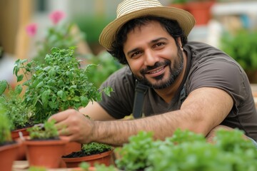 Cheerful Gardener Tending to His Thriving Vegetable and Herb Garden Outdoors