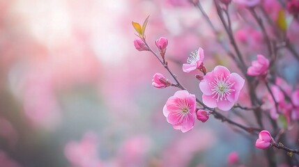 Delicate Pink Blossoms in a Misty Spring Scene