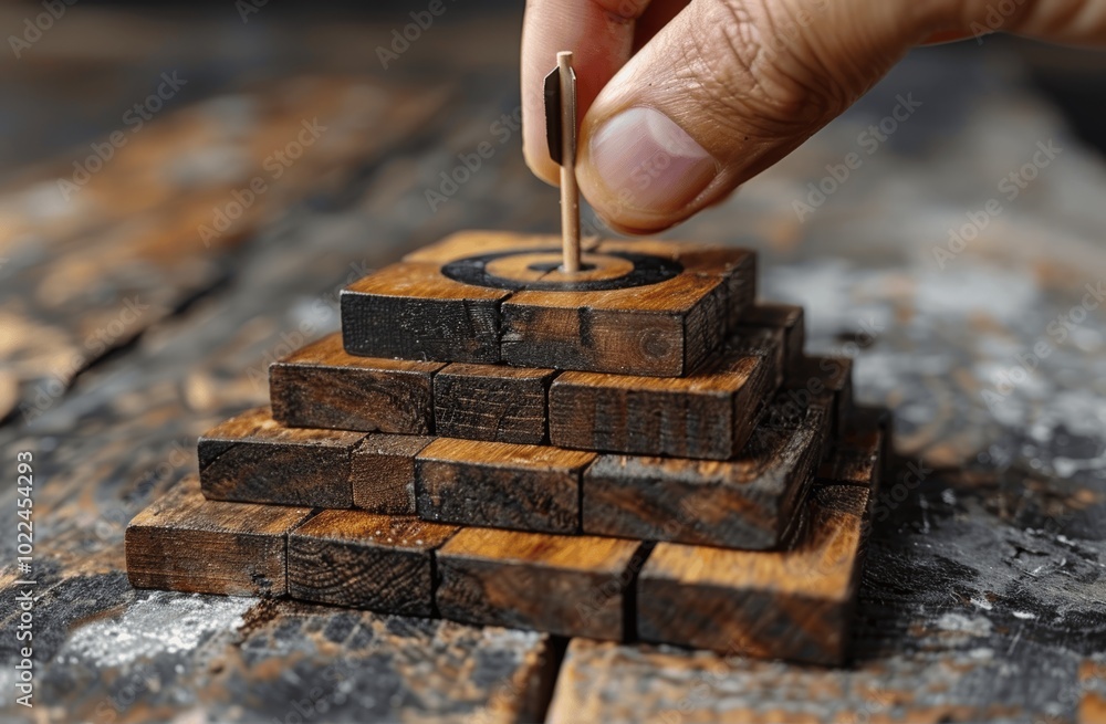 Poster hand placing wooden block with arrow and target for business success and growth concept. gray backgr