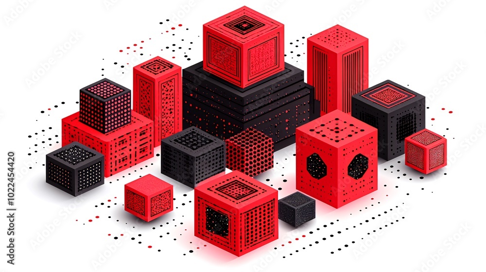 Poster abstract 3d geometric shapes with red and black design in isometric view.