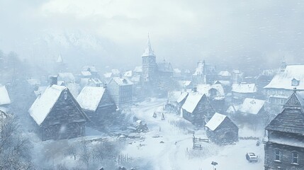 Snowy Village Scene with Blustery Wind