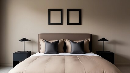 Modern Bedroom with Geometric Black Lamps and Beige Bedding
