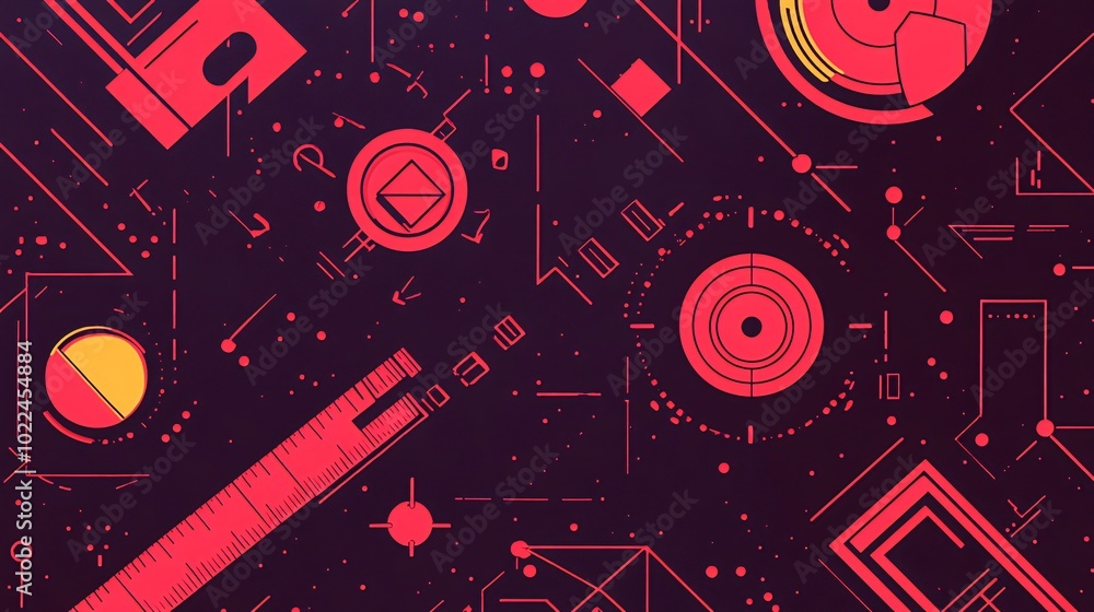 Poster abstract geometric pattern with red and yellow shapes on a dark background.