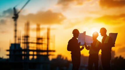 Fototapeta premium Silhouettes of workers holding blueprints at sunset, with a blurry construction site in the background