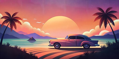 Retro summer vibes collage featuring a classic car under palm trees against a pink sunset and ocean backdrop, creating a dreamy, nostalgic beach scene.






