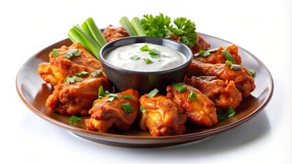 Fototapeta premium Irresistibly crispy spicy Buffalo wings paired with rich ranch dressing, elegantly displayed on a transparent background, ideal for enticing food photography and mouthwatering visuals.