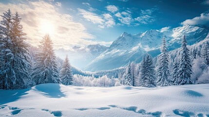 Obraz premium Snow-Covered Pine Trees and Mountain Peaks Under a Clear Blue Sky