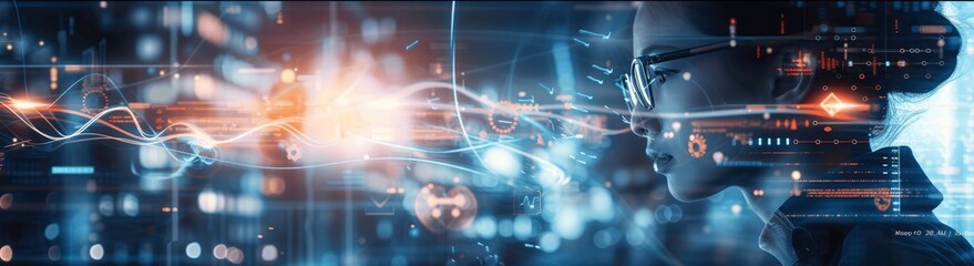Fototapeta premium AI in medical technology innovation and healthcare research, advanced intelligent systems, data analysis, doctor or technician with lab experiment, science fiction futuristic atmosphere