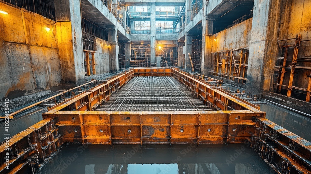 Poster construction site with rebar framework in a concrete foundation.
