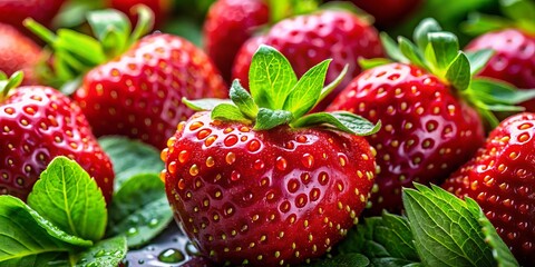 Juicy strawberries, adorned with sparkling water droplets, sit alongside lush green leaves, representing the perfect blend of culinary inspiration and wholesome living. Pure, delicious freshness!