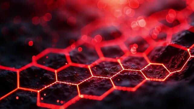 Modern Dark hexagonal carbon fiber with red luminous lines and highlights background.AI generated image