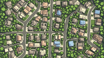 Aerial view of a residential neighborhood with houses, streets, and trees.