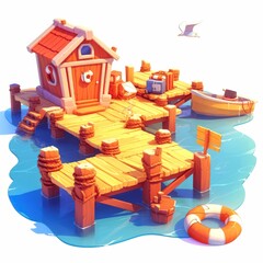 Obraz premium A colorful, whimsical dock scene with a small house, boat, and life preserver.