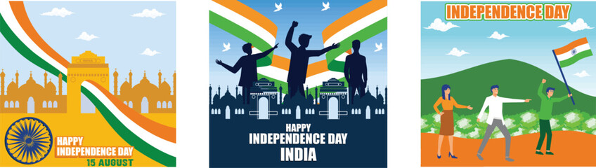 Happy Independence Day of India. 15th August background. 3 Indian students holding or waving Tricolor on greenery background. Set flat vector modern illustration