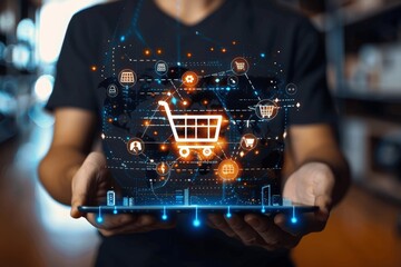 Customer adding products to cart online shopping marketing percentage discount free shipping delivery digital marketplace e-commerce platform mobile payment sale business retail technology