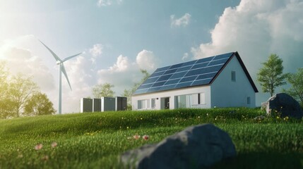 Obraz premium Solar energy home battery system, providing renewable energy storage and backup power for a green home