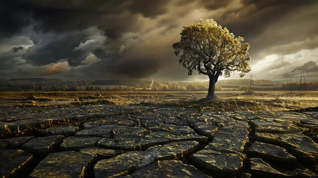 A dramatic landscape featuring a solitary tree amidst cracked earth and a lightning storm.