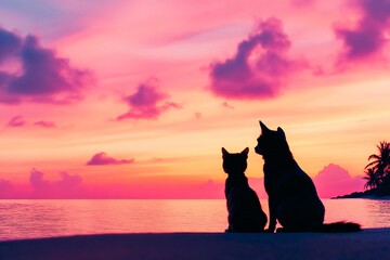 Dog and Cat Watching the Sunset Over the Tropical Ocean