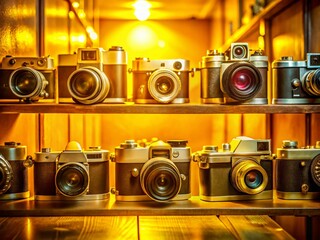 Fototapeta premium Retro Vintage 35mm Cameras on Shelf with Colorful Decor and Yellow Background for Fashion Photography