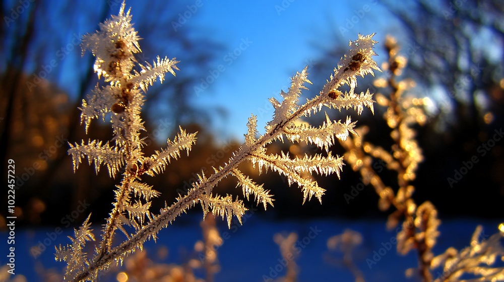 Poster closeup of a frost-covered twig with a blurred background of trees and a blue sky.