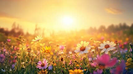 Obraz premium A Field of Wildflowers Illuminated by the Setting Sun