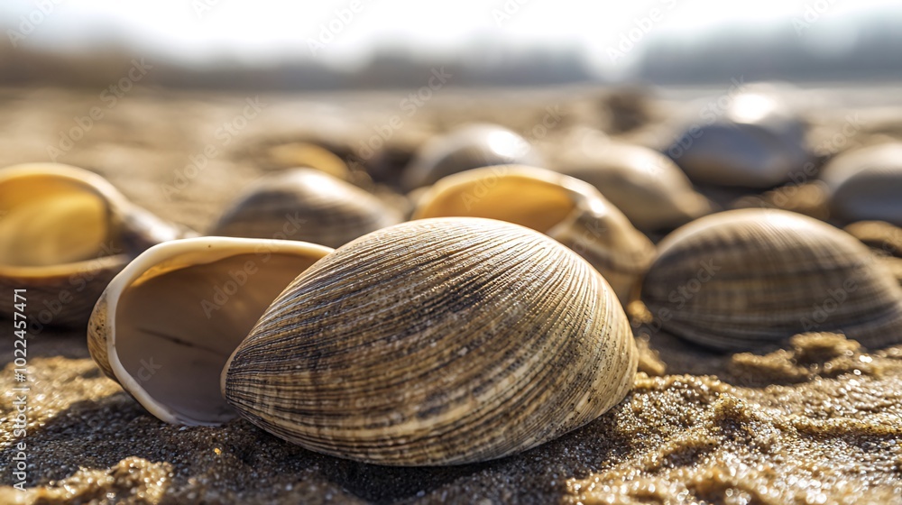 Poster close-up of seashells on sandy beach with shallow depth of field.