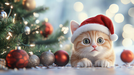 A playful kitten wearing a Santa hat, surrounded by Christmas decorations and lights, creating a festive and joyful atmosphere.