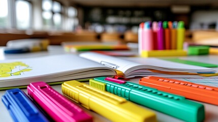 Colorful markers and an open notebook lie on a white desk in a classroom.