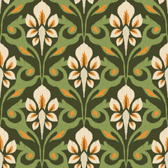 Green Ikat floral damask pattern. Vector contemporary ikat abstract floral shape seamless pattern. Watercolor ikat floral damask pattern use for fabric, textile, home decoration elements, upholstery.