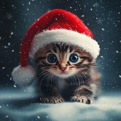 Adorable kitten wearing a festive Santa hat, surrounded by a snowy backdrop, evoking a delightful holiday spirit.